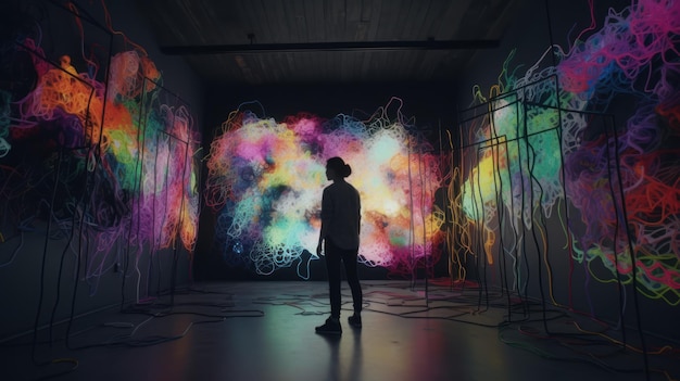 A person stands in a dark room with a colorful background that says'art'on it.