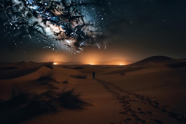한 사람이 밤하늘 아래 사막에 스타버스트를 배경으로 서 있습니다.