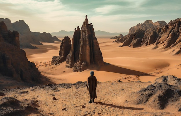 A person stands in the desert surrounded by rock formations