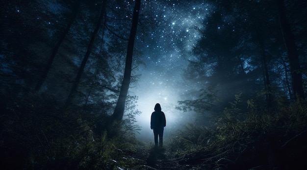 A person stands in a forest under a starry sky.