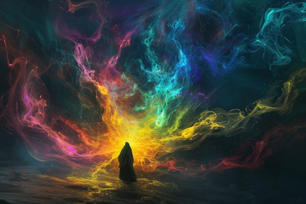 A person stands in front of a colorful explosion of light