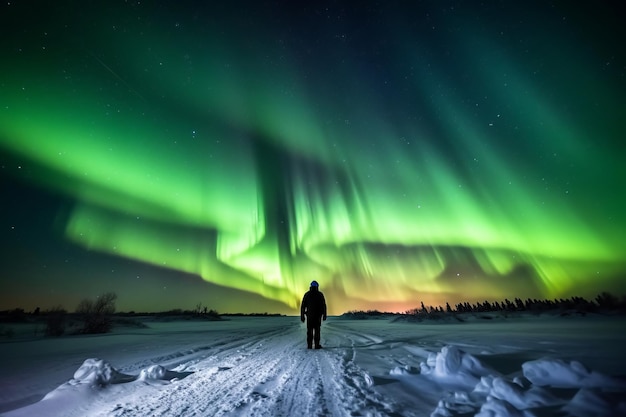 A person stands in front of a green aurora.