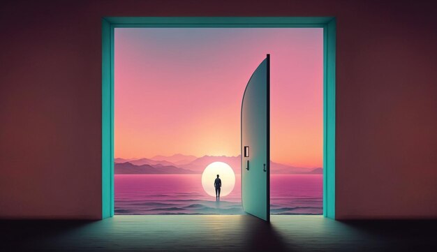 Photo a person stands in front of an open door with the sun behind them.