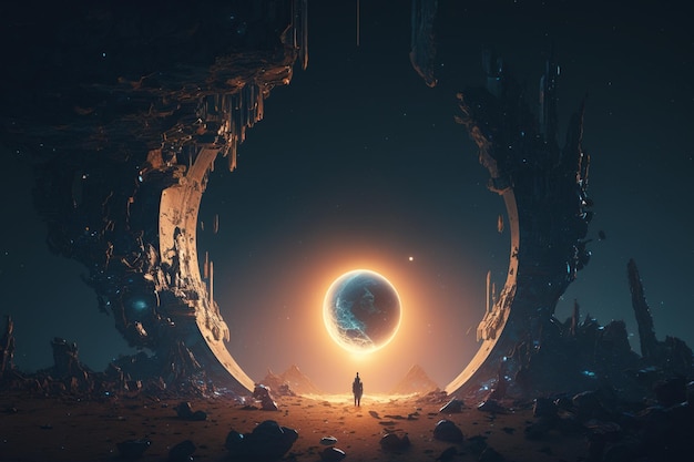 A person stands in front of a planet in a cave.