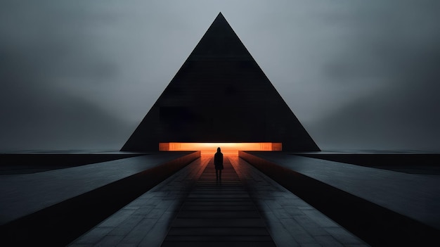 A person stands in front of a pyramid with the word pyramid on the bottom.