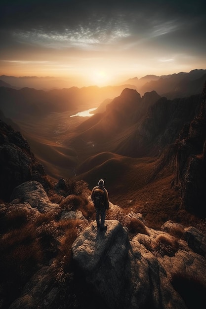 A person stands on a mountain top looking at a sunset.