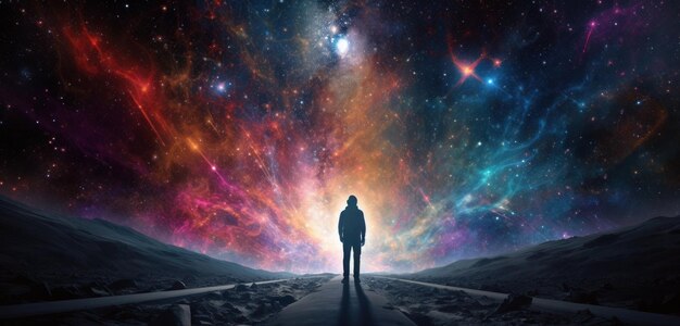 A person stands on a path in front of a galaxy.