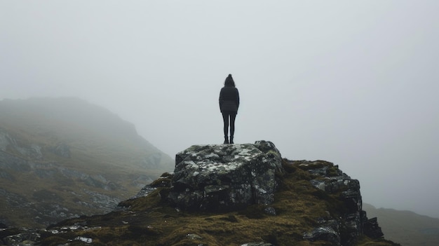 Photo a person stands on a rocky outcrop back facing the camera as they bravely face the misty mountain