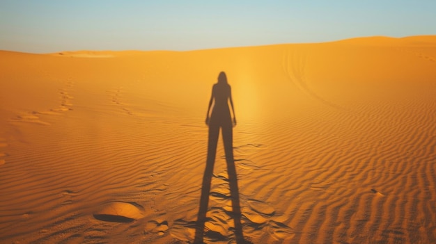 A person stands with their back to the camera their shadow stretching long against the sand dunes