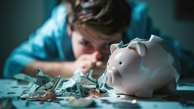 Photo a person staring at a broken piggy bank contemplating the consequences of financial mismanagement
