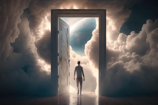 Person stepping through door to heaven with view of clouds and eternal light visible