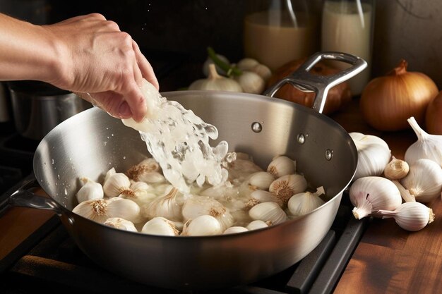 a person stirs the garlic in a pan with a recipe for eggs.