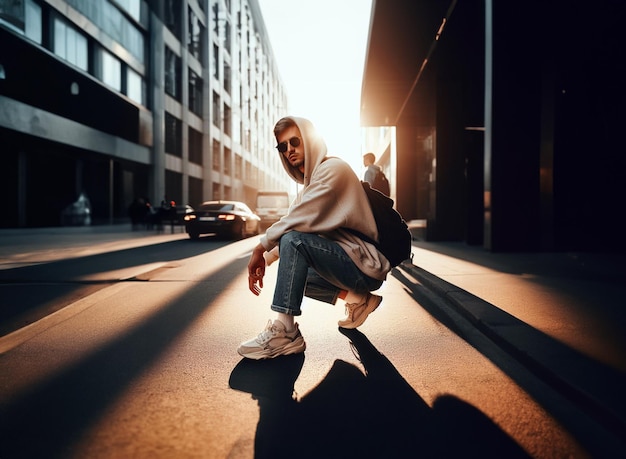 person in street style fashion hoodie denim jeans golden hour sunset shades gen z photography