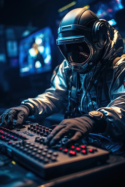a person in a suit and helmet using a control board