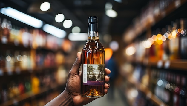 a person in supermarket by the wine section holding bottle of wine