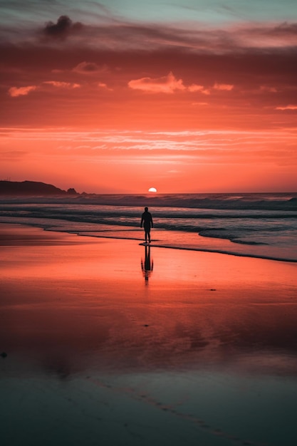 A person on a surfboard on a beach with the sun setting behind them.