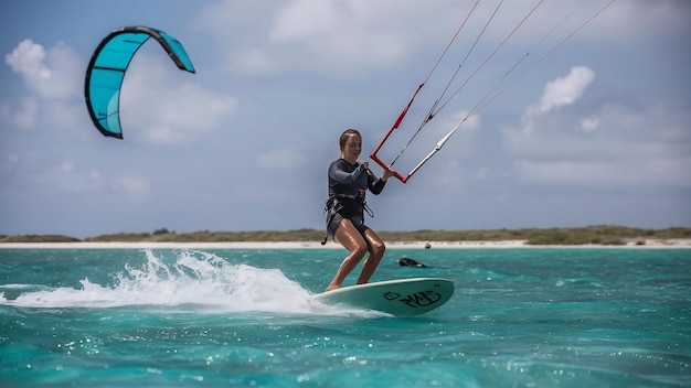 Photo person surfing and flying a parachute at the same time in kitesurfing bonaire caribbean