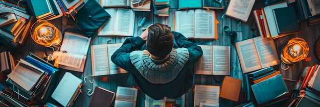 Photo a person surrounded by books with various symbols of education and learning such as a graduation cap and a lightbulb