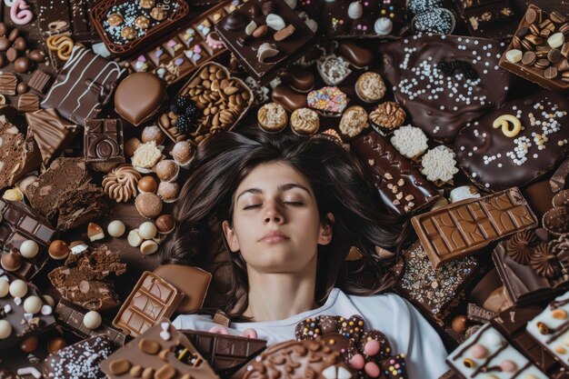Foto una persona circondata da dolcetti al cioccolato