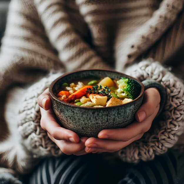 Photo a person in a sweater holding a soup bowl