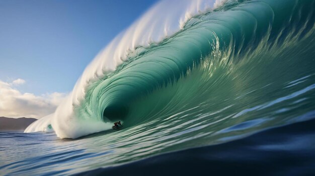 a person swimming under a large wave