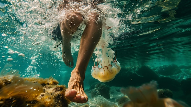 사진 빛의 패턴이 있는 수중 해파리 근처에서 수영하는 사람