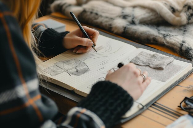 Photo person at a table with a notebook designing a wool garment