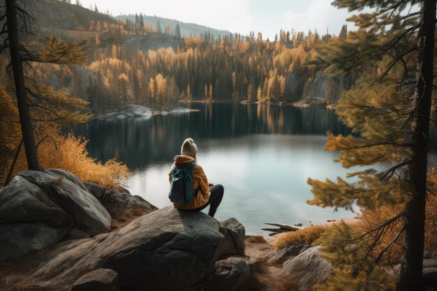 Person taking a break from the trail and enjoying the view of a lake created with generative ai