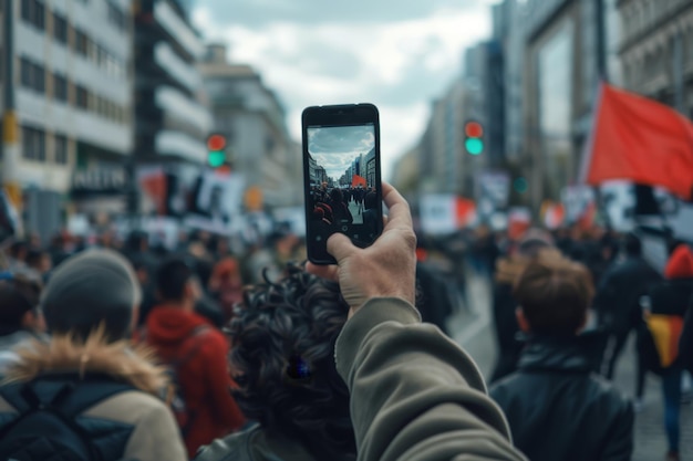 Photo a person taking a picture of a crowd of people in a crowded street