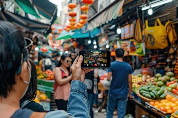 A person taking a picture of a fruit market