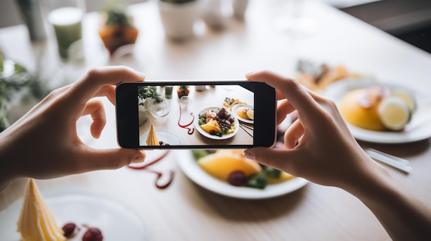 Человек фотографирует тарелку с едой на телефон, фотографируя тарелку с едой.