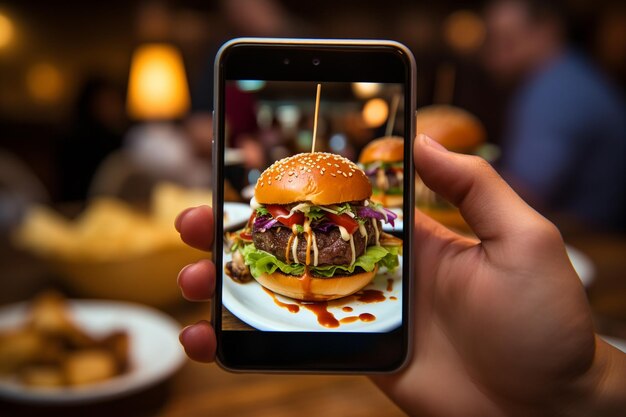 Foto persona che scatta una foto a qualcuno che mangia un hamburger