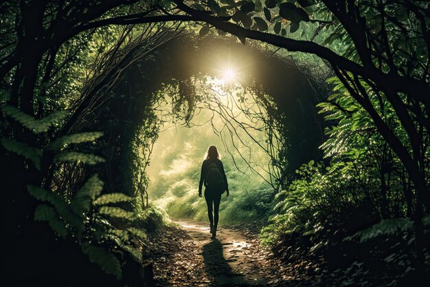 A person taking a walk through a beautiful deep green forest Generated by AI