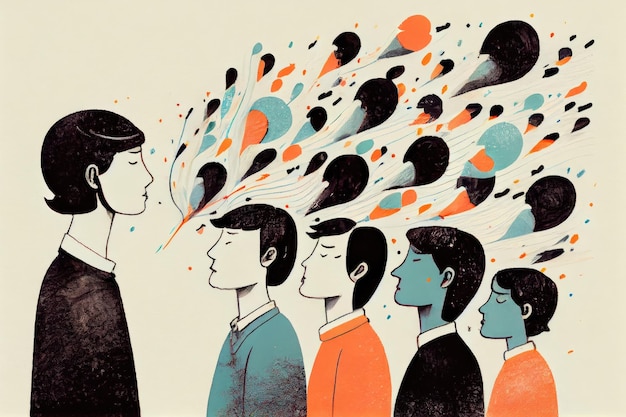 Person talking to themselves with voices and thoughts portrayed in illustrations