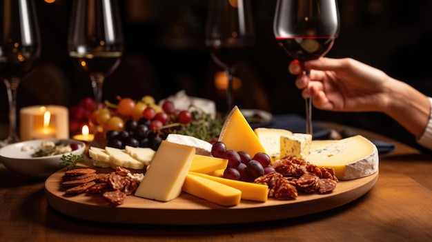 写真 人はレストランでワインとチーズの種類を味わう