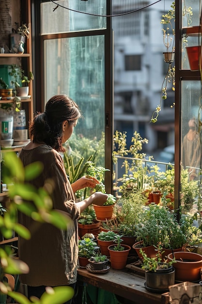 A person tending to a tiny garden outside their small living space