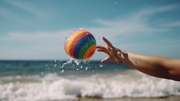 A person throwing a ball with the word beach on it