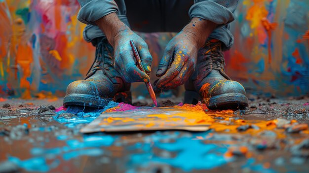 Photo person touching artwork with hands