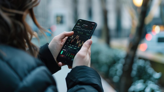 A person trading stocks on their phone while onthemove illustrating the flexibility and freedom afforded by mobile stock trading platforms