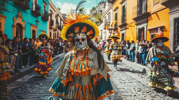 전통적 인 Dia de los Muertos 의복 과 큰 꽃 모자 를 입은 사람