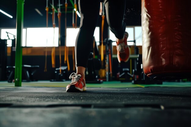 Photo person training kicks on a speed bag in gym