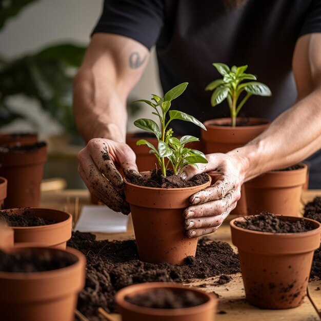 新しいポットに植物を移植する人