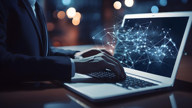 Person typing on laptop and communicate with network Stock image concept