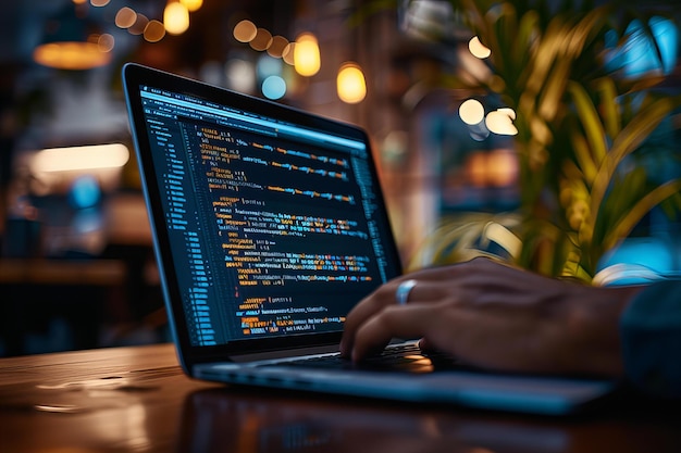 Person typing laptop computer plant background