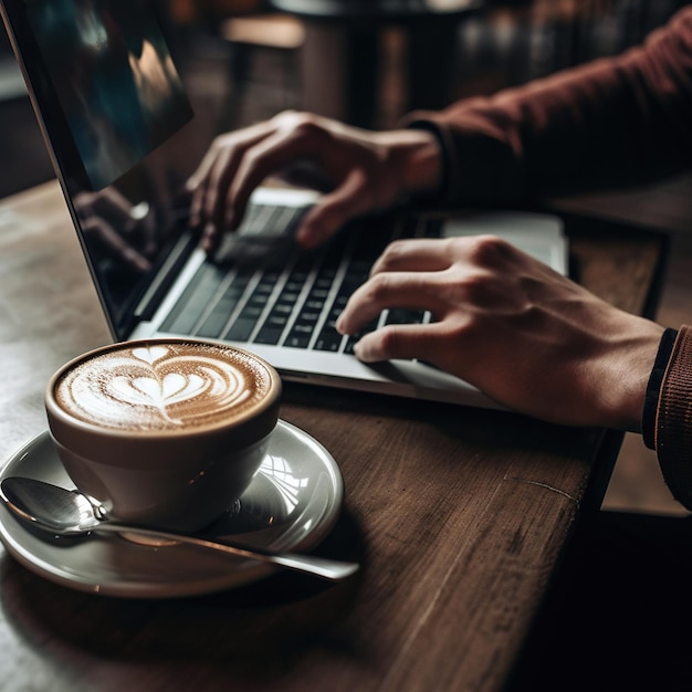 A person typing on a laptop next to a cup of coffee with a heart design on the top.