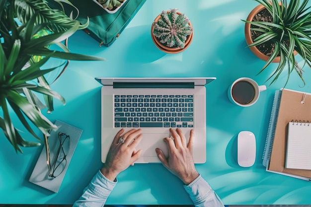 A person typing on a laptop on a desk