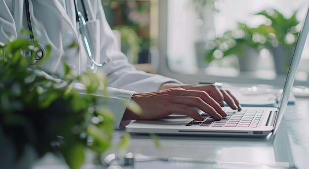 Person Typing on Laptop in Front of Potted Plant