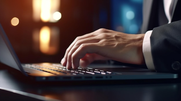 A person typing on a laptop keyboard in front of a computer screen