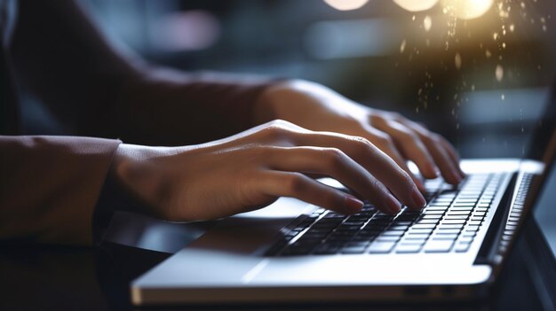 Человек, печатающий на клавиатуре ноутбука со словом "кибер" на экране