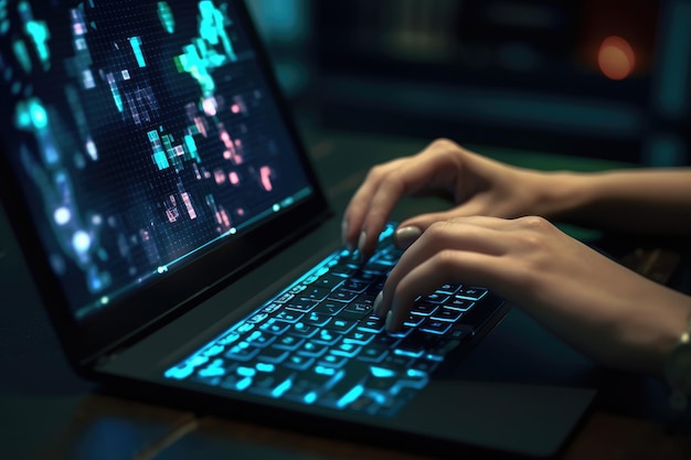 A person typing on a laptop with a blue and green keyboard.